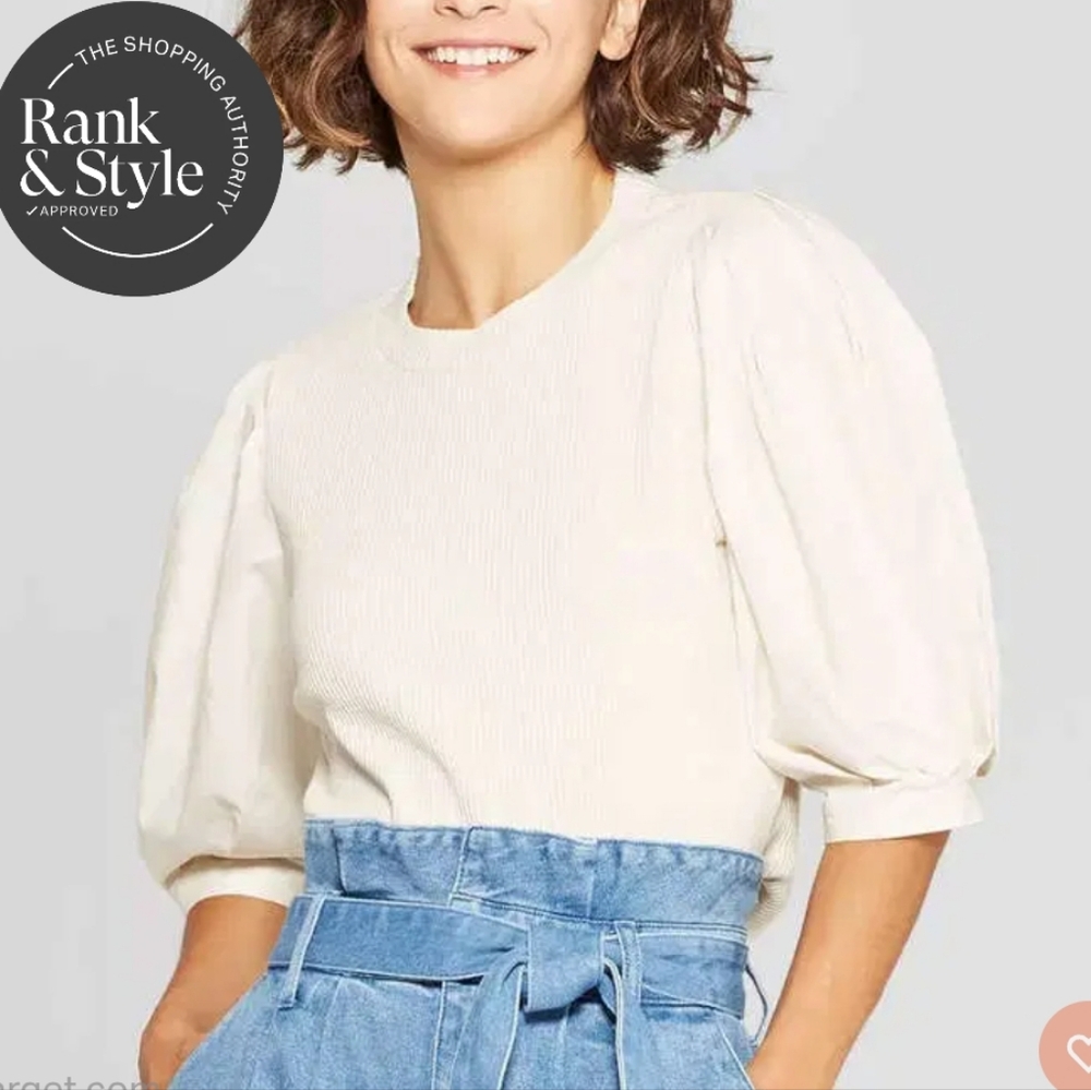 Who What Wear Puff Sleeve Ribbed Top